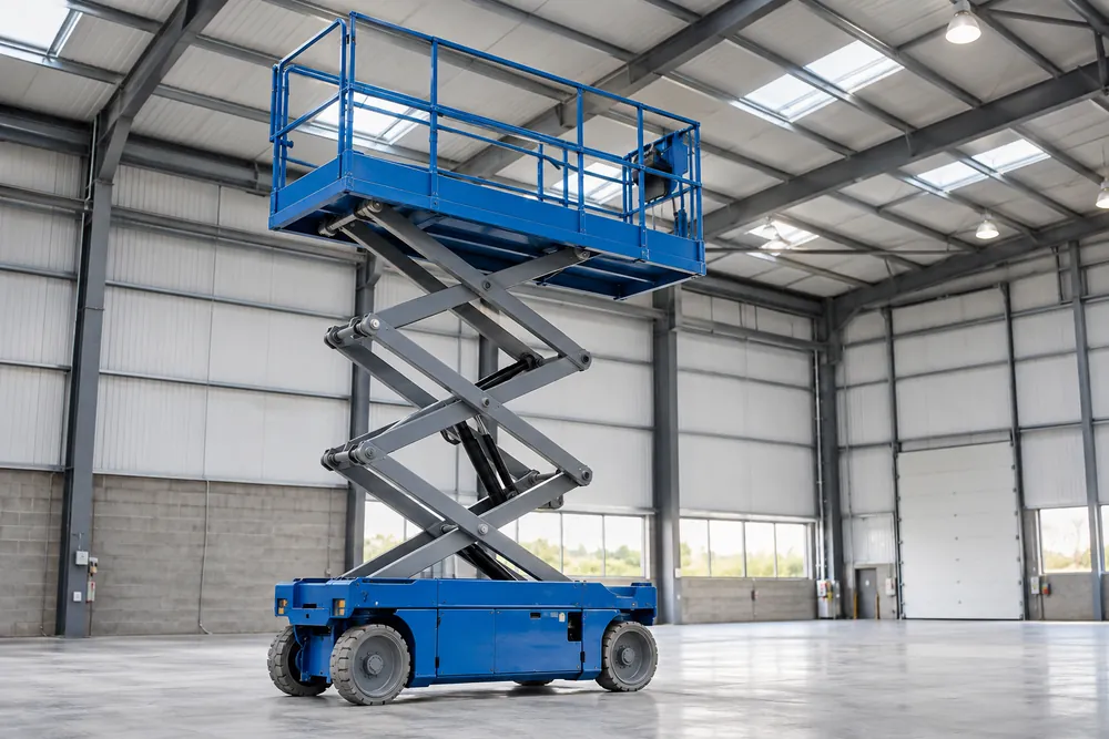 Electric scissor lift providing vertical access inside an industrial warehouse